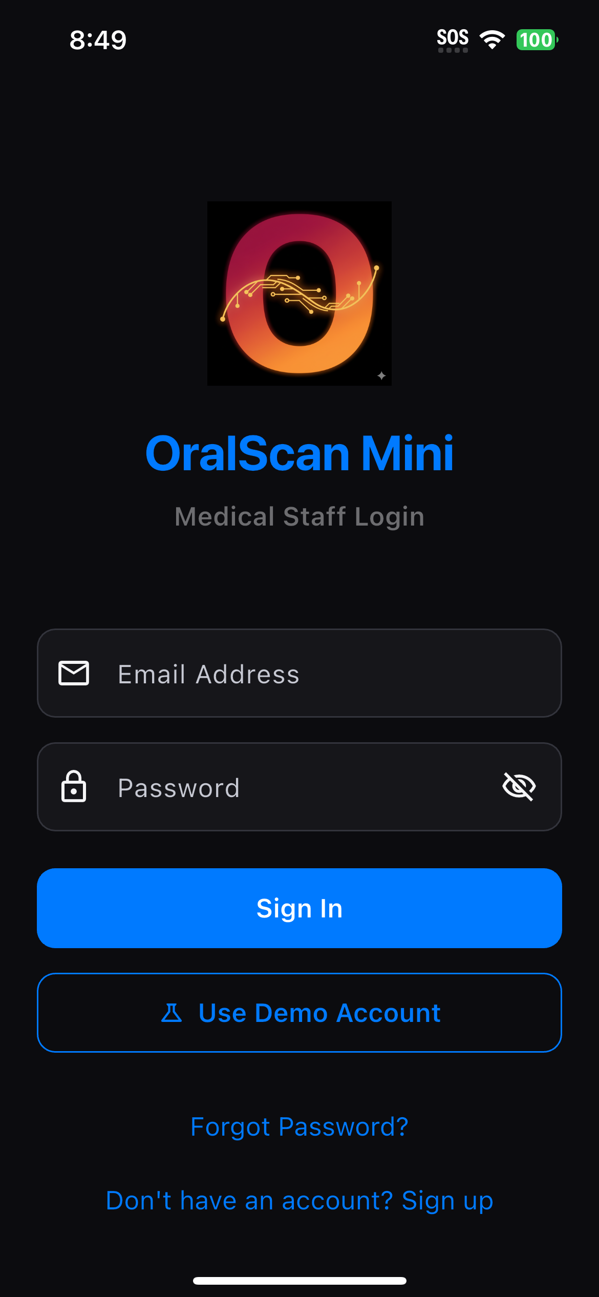 OralScan Mini Login Screen